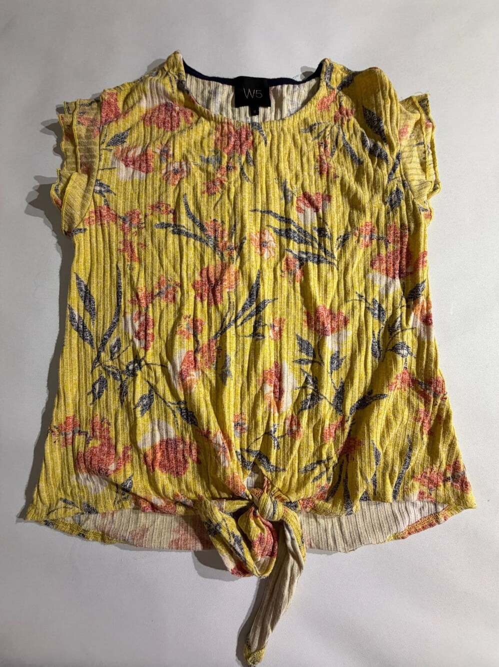 W5 Yellow Floral Front Tie Ribbed Short Sleeve Top Womens Size Small